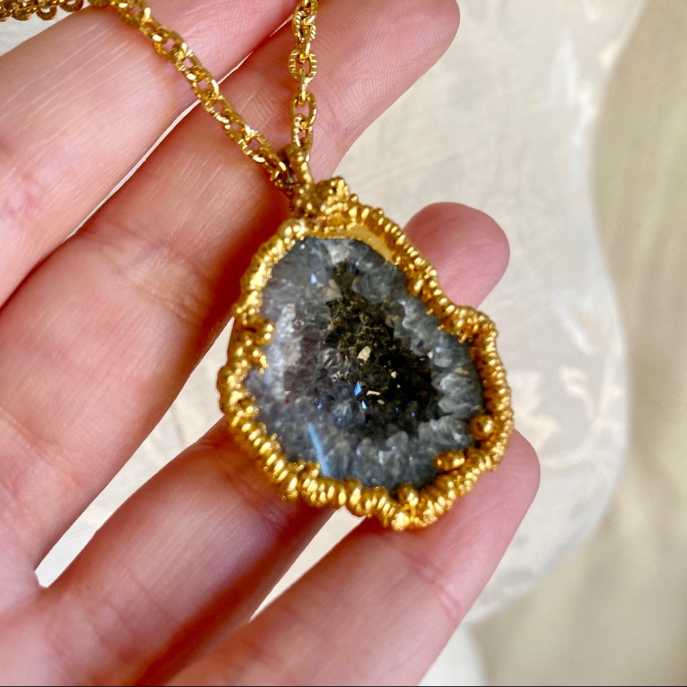 Amethyst February Birthstone Geode 18k Gold Boho Necklace Raw Crystal - Picture 4 of 8